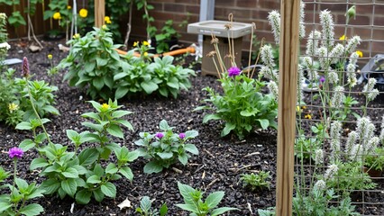Vibrant Urban Garden with Blooming Flowers and Herbs in Raised Bed