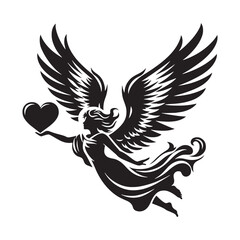 Angel flying with love, perfect for heartfelt Valentine’s art - Angel silhouette - Angel vector - Angel illustration - valentine silhouette - love silhouette
