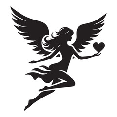 Soaring romantic angel with heart-shaped wings of love - Angel silhouette - Angel vector - Angel illustration - valentine silhouette - love silhouette

