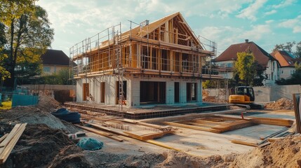 construction residential new house with prefabrication system in progress at building site