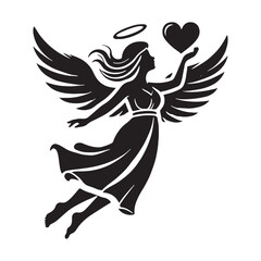 Gentle romantic flying angel for timeless love-themed art - Angel silhouette - Angel vector - Angel illustration - valentine silhouette - love silhouette

