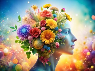 Flourishing Minds: Double Exposure of Brain & Blooming Flowers, Embracing Neurodiversity