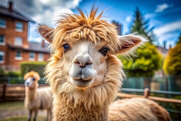 Fototapeta premium Fluffy Alpaca Grazing in Urban Zoo Enclosure - Stock Photo