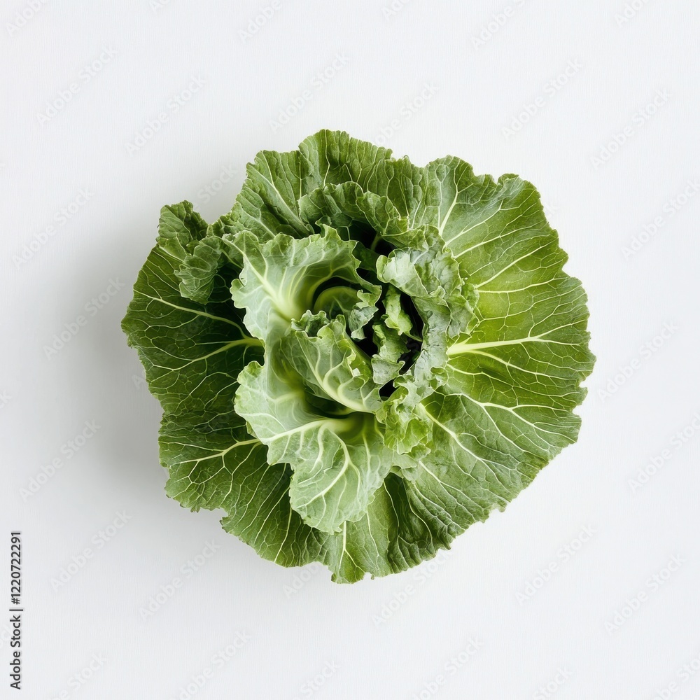 Poster green cabbage leaf with ruffled edges resting on a plain white surface in natural light