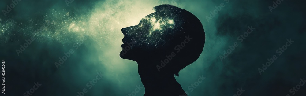 Poster silhouette of a man's profile against a cosmic background conveying serenity and introspection durin