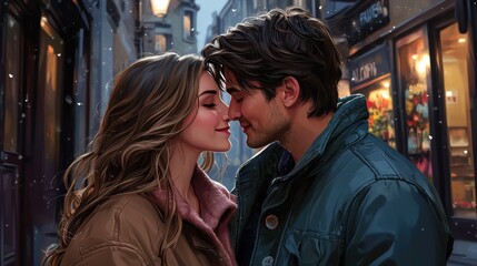 Romantic couple embracing on a cozy evening street for valentine's day celebration