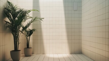 A minimalist bathroom with white tiles, sleek fixtures, and a potted plant