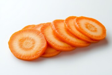 Freshly sliced orange carrots arranged in a neat line on a light background, showcasing their vibrant color and circular patterns.
