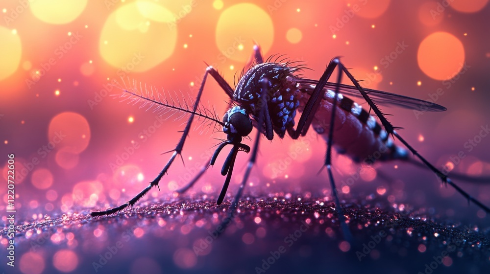 Poster close-up of a mosquito on a shimmering surface with colorful bokeh background effects