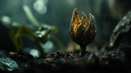 Dark Moody Nature Photography Golden Seed Pod Closeup Macro Botanical Life Soil Wild Life Plant     