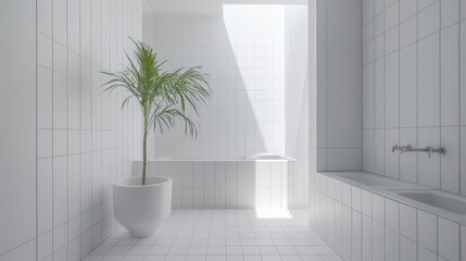 A minimalist bathroom with white tiles, sleek fixtures, and a potted plant