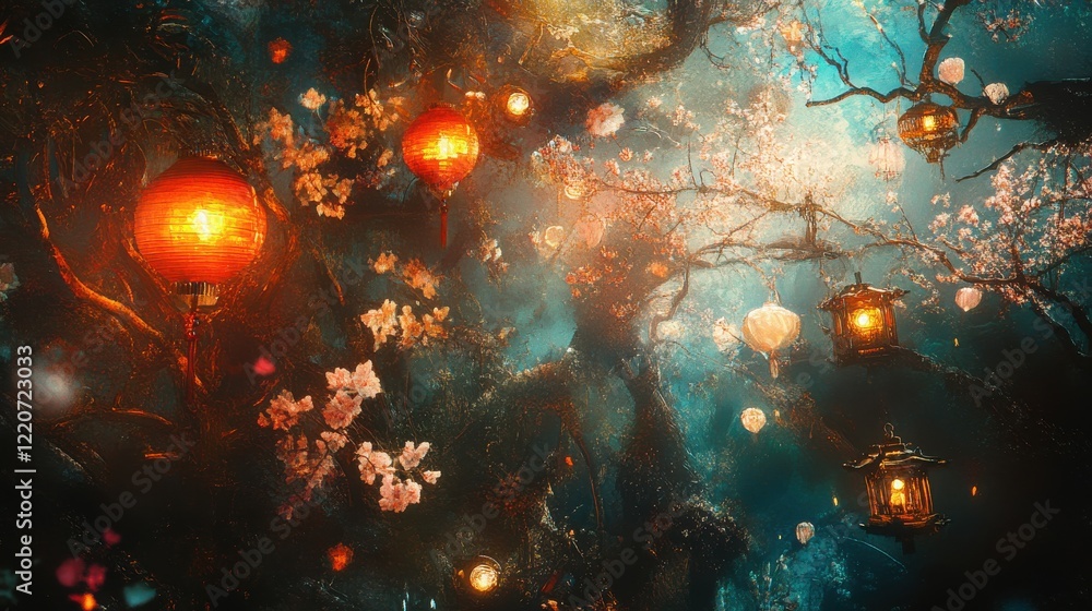 Poster enchanting display of glowing lanterns and blossoms in a mystical forest at dusk