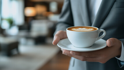 Morning Coffee Break:  A businessman in a grey suit carefully holds a cup of latte art coffee in a stylish cafe setting.
