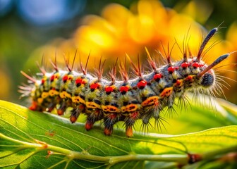 Obraz premium Fox Moth Caterpillar (Macrothylacia rubi) Late Summer Instar Basking in Sun with Fly
