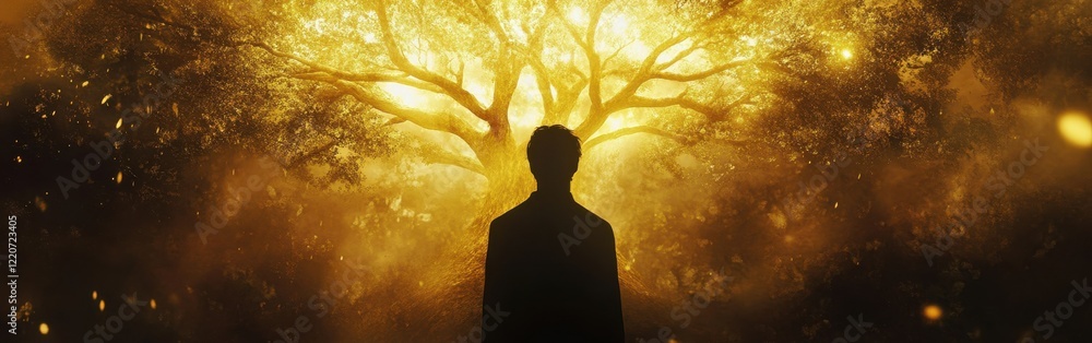Leinwandbilder mystical silhouette of a man standing in front of a glowing tree in an ethereal forest at twilight