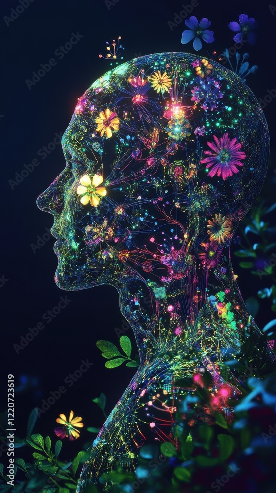 Poster mystical portrayal of a man's profile filled with vibrant flowers and glowing elements in an enchant