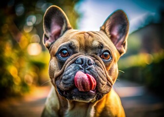 Fototapeta premium French Bulldog Licking Nose - Long Exposure Pet Photography