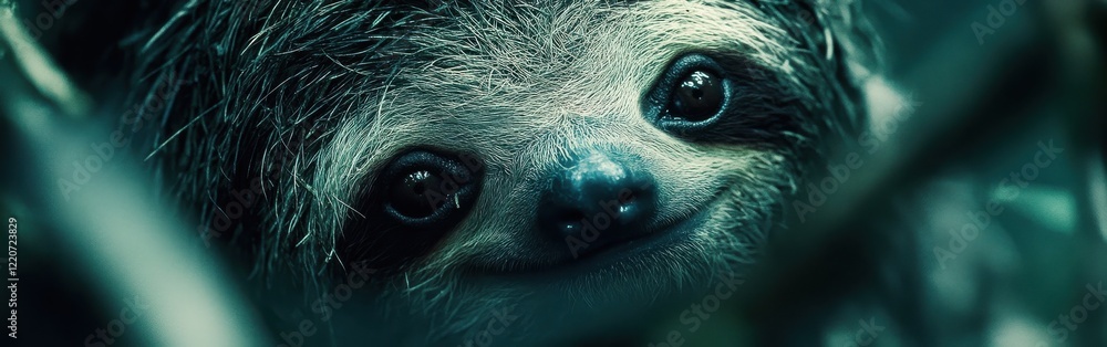 Poster Close-up view of a sloth's face showcasing its unique features and expression in lush natural surroundings