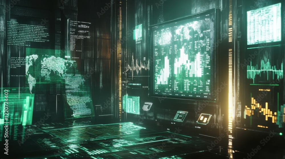 Leinwandbilder Futuristic representation of a digital collectible in a high-tech environment with advanced analytics and global maps displayed