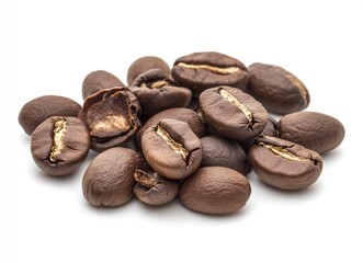 Fototapeta premium Roasted coffee beans on a white background, a product photo for stock photography with empty space around the objects. --ar 128:93 --v 6.1 Job ID: 594d0c6b-761e-4ba2-ab5a-c68b0042887c