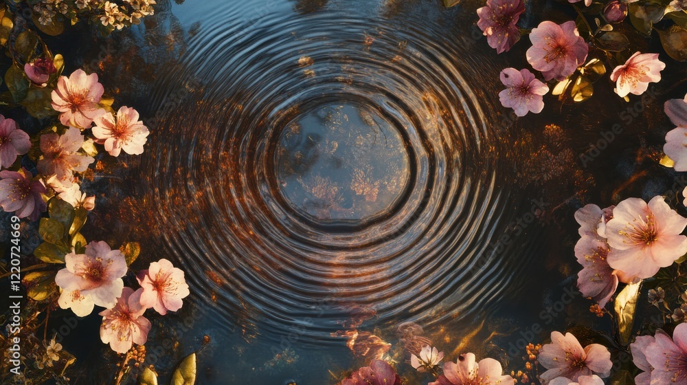 Poster dynamic ripples radiate from a central point in a puddle surrounded by delicate pink flowers in soft