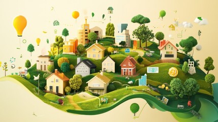 Creative representation of a thriving community filled with vibrant houses, greenery, and playful elements highlighting harmony with nature