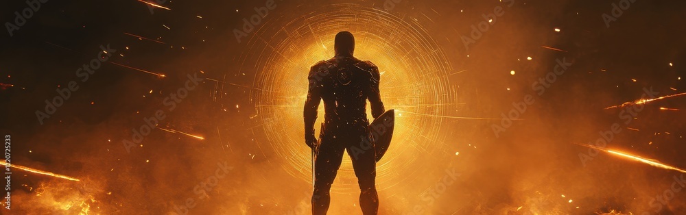 Poster silhouette of a man standing heroically against a fiery background with dynamic lines of light