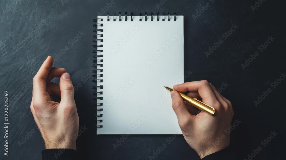 Poster Hands holding a pen above a blank notepad on a dark surface in a creative workspace