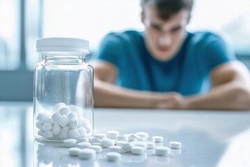 Close-up of a bottle of pills and in the background a sad and worried young man with bokeh effect. Concept of depression, sadness, mental illness.