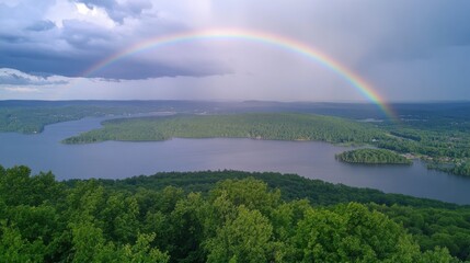 Serene After Storm Landscape with Rainbow and Lake View