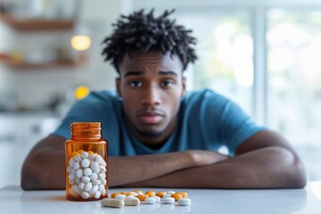 Close-up of a bottle of pills and in the background a sad and worried young man with bokeh effect. Concept of depression, sadness, mental illness.