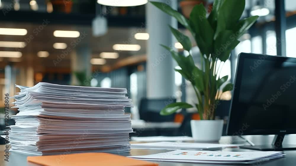 Poster a focused shot of stacked documents filled with data visualizations on a tidy desk, with an open off