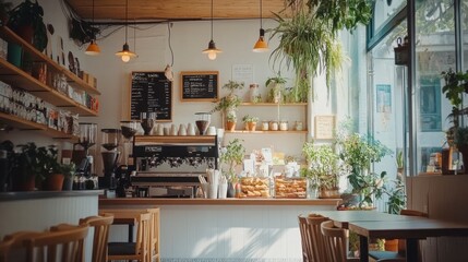 A modern cafe interior with stylish furniture, hanging plants, and natural light