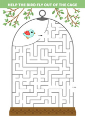 Help the bird fly out of the cage. Maze game for kids. Labyrinth with bird. labyrinth. Cartoon, isolated vector illustration eps 10
