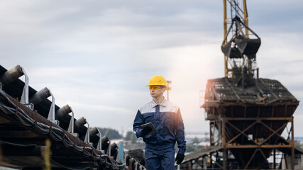 Mining industry banner, worker with yellow hard hat with tablet computer. Open pit mine industry
