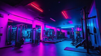 A modern gym with state-of-the-art equipment, mirrors, and vibrant lighting