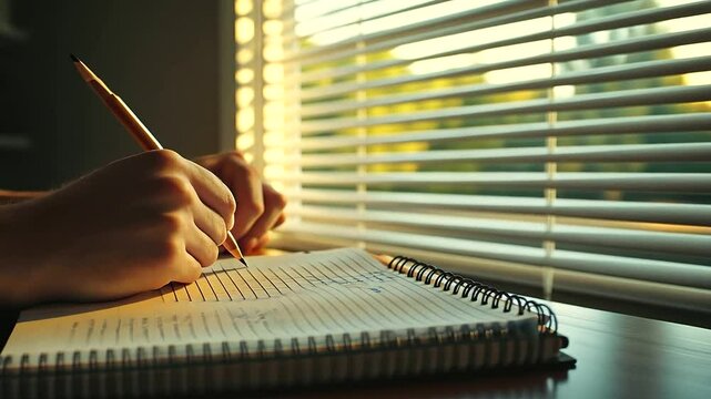 A meticulous close-up of a student&rsquo;s hand organizing flashcards and writing notes in a spiral notebook, with a minimalist desk setup and soft daylight filtering through blinds.