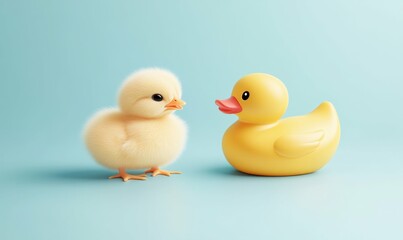 Baby Chick and Yellow Rubber Duck on Light Blue Background