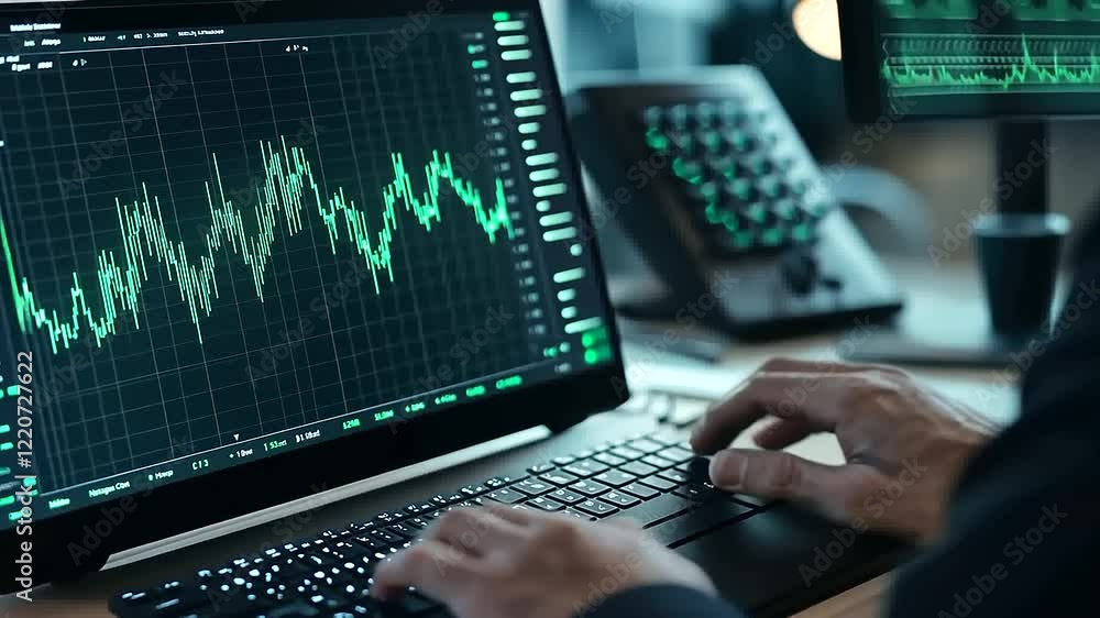 Poster a close-up of a sleek computer screen displaying a vibrant green candlestick chart with rising volum