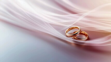 Golden Wedding Rings with Pink Ribbon on White Background