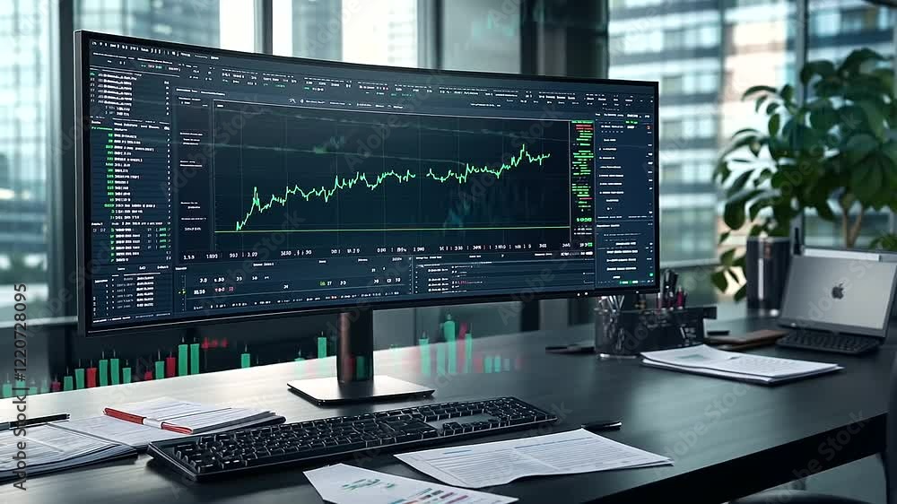 Poster a modern desktop setup featuring a widescreen monitor showing a detailed candlestick chart and volum