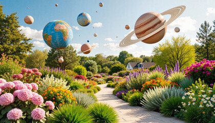 Fototapeta premium Whimsical garden with orbiting planets in clear sky, cosmic beauty