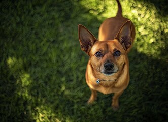 Obraz premium A red Malinois dog standing on green grass, looking at the camera, with ears up and tail raised. The background is blurred and has a bokeh effect, giving focus to the subject.