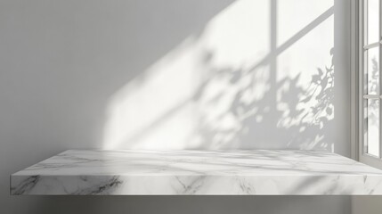 Marble table with window shadow drop on white wall background for mockup product display