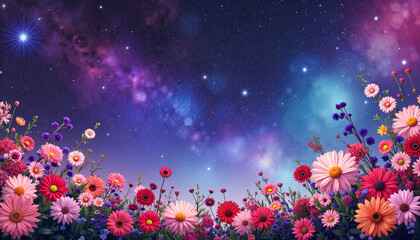 Colorful flowers blooming in space under starry night sky, cosmic beauty