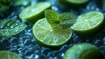 Fresh lime slices and mint on ice, close-up, dark background, refreshing drink concept