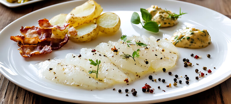 Traditional scandinavian lutefisk dish on a white plate, featuring translucent jelly-like fish fillet with soft texture, classic nordic cuisine specialty. Authentic nordic food