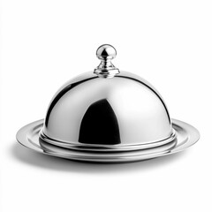 Obraz premium Elegant Silver Cloche Above Golden Plate on White Background