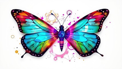 Fototapeta premium A vibrant, colorful butterfly with intricate patterns and a kaleidoscope of colors, set against a light background.