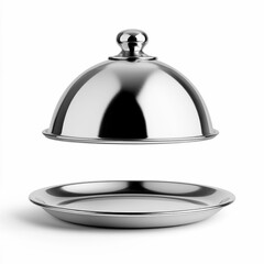 Obraz premium Elegant Silver Cloche Above Golden Plate on White Background